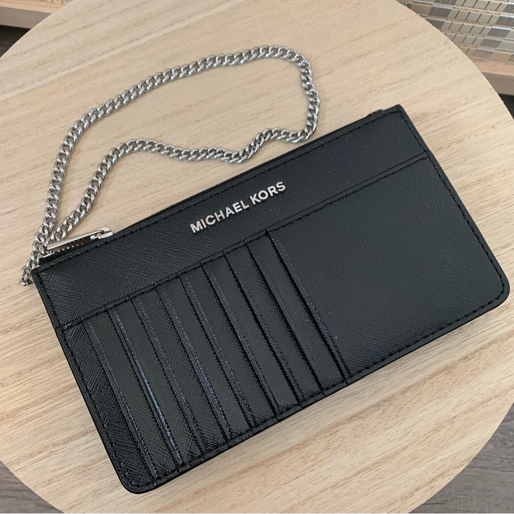 Michael Kors Card Wallet Black Leather Silver Chain Wristlet - Picture 2 of 5